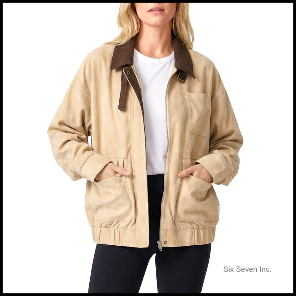 Oversized Faux Suede Bomber Jacket Corduroy Collar Vintage Barn Coat Chic